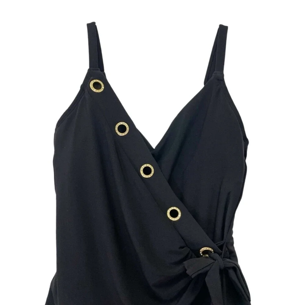 NWT Beyond Control Black One Piece Swimsuit Wrap Tie Grommet Detail Size 10